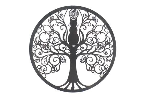 COMPLEMENTOS FENG SHUI | ADORNO PARED DE METAL ARBOL DE LA VIDA CON GATO 60X60 CM.
