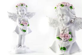 FIGURAS ANGELES | ANGELITA COLOR BLANCO CON CORONA DE FLORES ROSA Y ROSA EN LAS MANOS  11,5CM