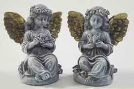 FIGURAS ANGELES | ANGELITA COLOR PIEDRA CON ALAS DORADAS SENTADA 11CM