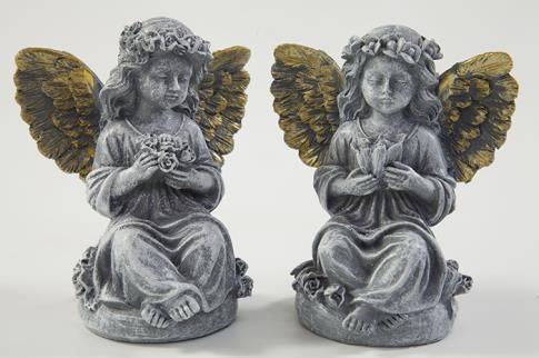 FIGURAS ANGELES | ANGELITA COLOR PIEDRA CON ALAS DORADAS SENTADA 11CM