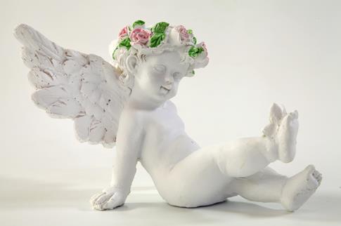 FIGURAS ANGELES | ANGELITO COLOR BLANCO CON CORONA DE FLORES ROSA SENTADO 9CM