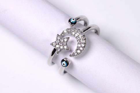 ANILLOS | ANILLO ACERO ADAPTABLE ESTRELLA Y LUNA CON BRILLANTITOS Y OJOS TURCOS
