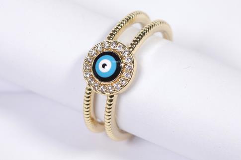 AMULETOS Y TALISMANES | ANILLO ACERO DORADO  ADAPTABLE SELLO OJO TURCO COLOR AZUL MARINO