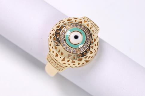 ANILLOS | ANILLO ACERO DORADO ADAPTABLE CUPULA CON OJO VERDE Y BRILLANTES