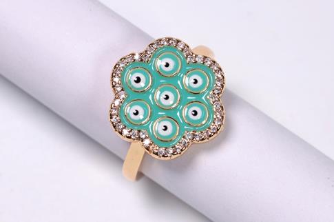 ANILLOS | ANILLO ACERO DORADO ADAPTABLE FLOR DE MINI OJOS TURCOS COLOR VERDE CON RIBETEADO DE BRILLANTITOS