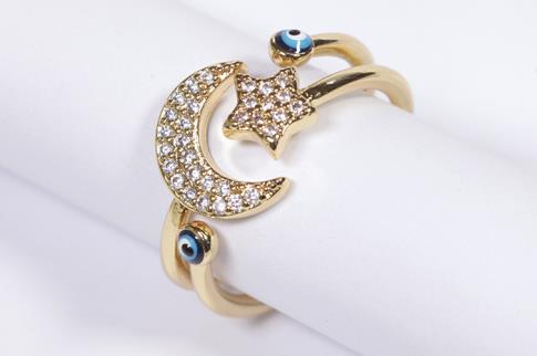 AMULETOS Y TALISMANES | ANILLO ACERO DORADO ADAPTABLE LUNA, ESTRELLA Y OJOS TURCOS CON BRILLANTES