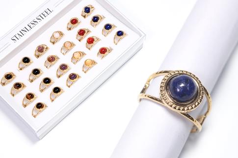 ANILLOS | ANILLO ADAPTABLE ACERO DORADO CABUJON REDONDO DE MINERAL FLOTANTE (MINERALES SURTIDOS)