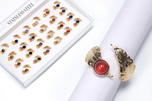 ANILLOS | ANILLO ADAPTABLE ACERO DORADO HOJAS VEGETALES CON BOLITA DE MINERAL (MINERALES SURTIDOS)