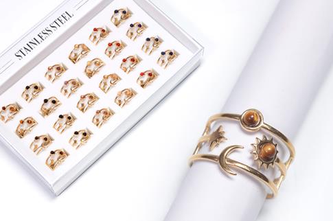 ANILLOS | ANILLO ADAPTABLE ACERO DORADO LUNA, SOL Y BOLITAS DE MINERAL (MINERALES SURTIDOS)