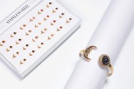 ANILLOS | ANILLO ADAPTABLE ACERO DORADO LUNA Y BOLITA DE MINERAL (MINERALES SURTIDOS)