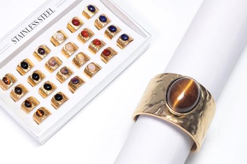 ANILLOS | ANILLO GRUESO ACERO DORADO CABUJON DE MINERAL (MINERALES SURTIDOS)