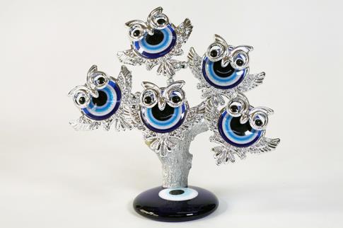 AMULETOS Y TALISMANES | ARBOL OJO TURCO CON BUHOS COLOR PLATEADO EN BASE PLANA DE OJO TURCO 13 CM