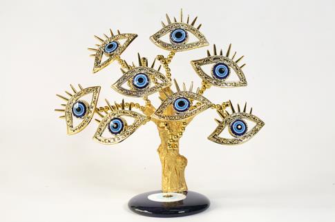 AMULETOS Y TALISMANES | ARBOL OJO TURCO CON FORMAS DE OJO Y PESTAAS COLOR DORADO EN BASE PLANA DE OJO TURCO 20 CM