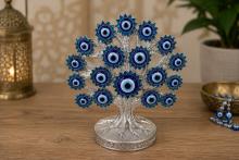 ARBOL OJO TURCO CON TRONCO Y RAMAS COLOR PLATEADO Y FLORES COLOR AZUL 15 X 14 CM.
