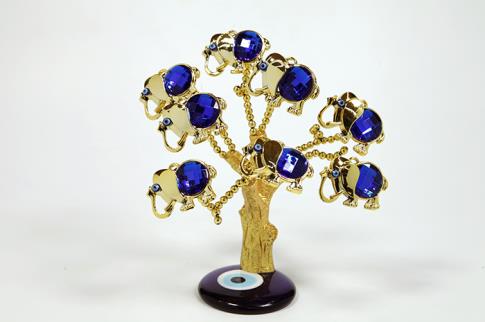 OJO TURCO | ARBOL OJO TURCO DORADO CON BASE OJO TURCO Y ELEFANTES AZULES 20 CM.