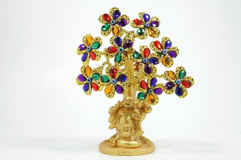 OJO TURCO | ARBOL OJO TURCO DORADO CON BUDA FELIZ Y FLORES MULTICOLOR 26 CM.
