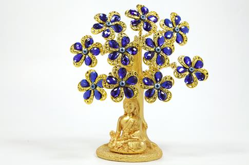 OJO TURCO | ARBOL OJO TURCO DORADO CON BUDA JOVEN Y FLORES AZULES 25 CM.