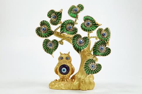 OJO TURCO | ARBOL OJO TURCO DORADO CON BUHO Y HOJAS EN FORMA DE CORAZON VERDES 23 CM.