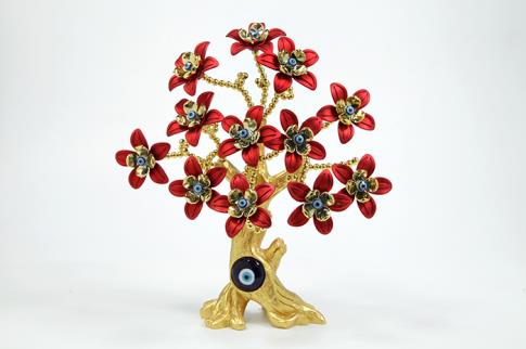 OJO TURCO | ARBOL OJO TURCO DORADO CON TRONCO  Y FLORES ROJAS 25 CM.