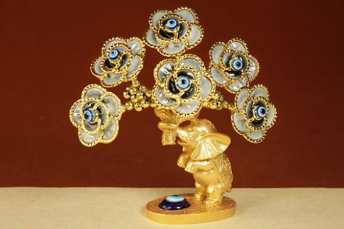 AMULETOS Y TALISMANES | ARBOLITO DORADO DE OJOS TURCOS Y BASE CON ELEFANTE 8CM