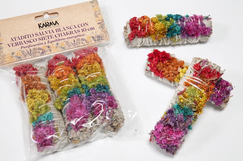 SAHUMITO | ATADITO SALVIA BLANCA CON VERBASCO SIETE CHAKRAS 10 CM (Purificacion y Equilibrio energetico)