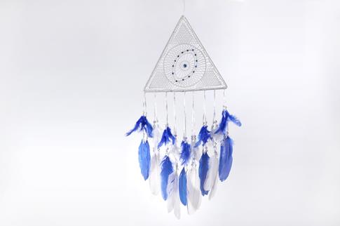 ATRAPASUEOS | ATRAPASUEOS OJO DE DIOS CON OJOS TURCOS COLOR BLANCO Y AZUL 65 X 25 CM.