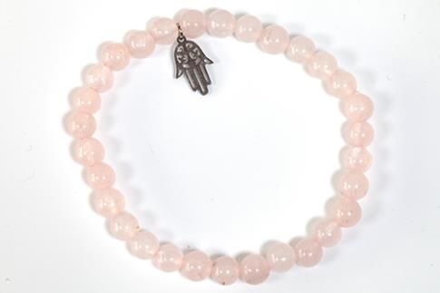 COLLARES, PULSERAS, PENDIENTES Y ANILLOS MINERALES | (BAJA) PULSERA ELASTICA BOLAS DE CUARZO ROSA 6MM CON DIJE MANO DE FATIMA EN ACERO INOXIDABLE