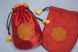 BOLSAS PARA TAROT | BOLSA TAROT RASO FLOR DE LA VIDA ROJO Y AMARILLO 20X15CM.