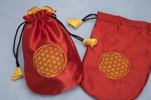 BOLSAS PARA TAROT | BOLSA TAROT RASO FLOR DE LA VIDA ROJO Y AMARILLO 20X15CM.