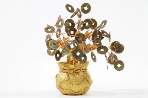 FENG SHUI, VARIOS | BONSAI MONEDAS I CHING CON BASE SACO DORADO 14,5 CM