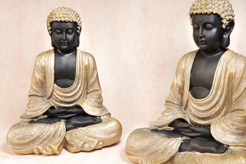 FIGURAS DIOSES, BUDAS Y MONJES | BUDA NEGRO DE RESINA CON ROPA DORADA 31X37CM