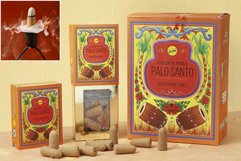CONOS DE REFLUJO | CAJA DE CONOS GOLDEN INDIA DE INCIENSO DE REFLUJO (EFECTO NIEBLA) PALO SANTO - 12 CAJITAS