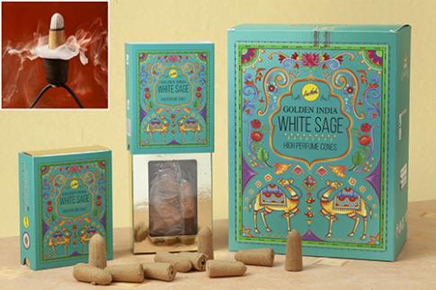 CONOS DE REFLUJO | CAJA DE CONOS GOLDEN INDIA DE INCIENSO DE REFLUJO (EFECTO NIEBLA) SALVIA BLANCA