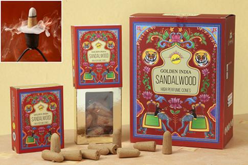 COMODIN | CAJA DE CONOS GOLDEN INDIA DE INCIENSO DE REFLUJO SANDALO - 12 CAJITAS