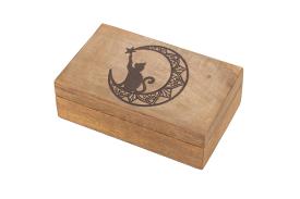 LIBRETAS, AGENDAS Y CALENDARIOS | CAJA MADERA CON DISEO GATO SOBRE LUNA 10X18X4,5CM