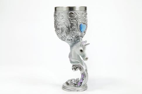 DRAGONES | CALIZ CABEZA DE UNICORNIO CON GEMA EN FORMA DE CORAZON 18,5X7,5CM