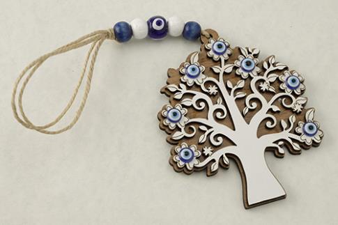 AMULETOS Y TALISMANES | CHARM ARBOL DE LA VIDA BLANCO CON OJOS TURCOS, SOBRE MADERA 7 X 20 CM.