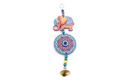AMULETOS Y TALISMANES | CHARM DE MADERA ELEFANTE CON MANDALA C/ OJO Y CAMPANA 28 X 8 CM.
