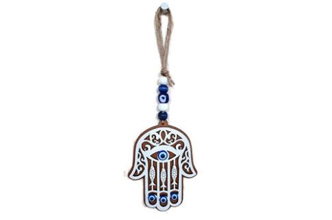 AMULETOS Y TALISMANES | CHARM MANO DE FATIMA BLANCO CON OJOS TURCOS, SOBRE MADERA 8 X 22 CM.