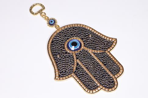 TALISMANES | CHARM MANO DE FATIMA DORADA Y AZUL 22 CM.