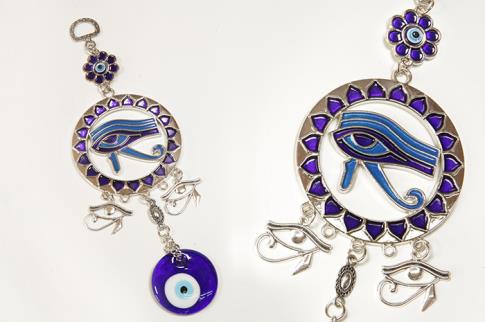 AMULETOS Y TALISMANES | CHARM OJO TRUCO CON OJO DE HORUS EN CIRCULO Y OJITOS DE HORUS COLOR PLATEADO Y AZUL MARINO 22X7CM