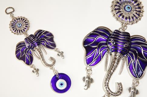 AMULETOS Y TALISMANES | CHARM OJO TURCO CON ELEFANTE HINDU Y MANDALA COLOR PLATEADO Y AZUL MARINO 22X9CM
