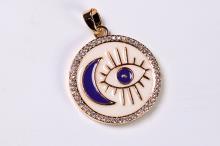 COLGANTE ACERO DORADO LUNA CON OJO COLOR LILA CON BRILLANTITOS