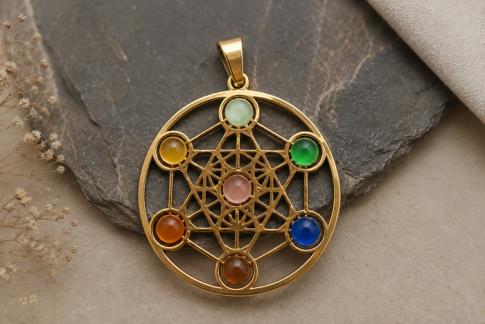 COMODIN | COLGANTE ACERO DORADO METATRON CON MINERALES 3 X 3 CM.