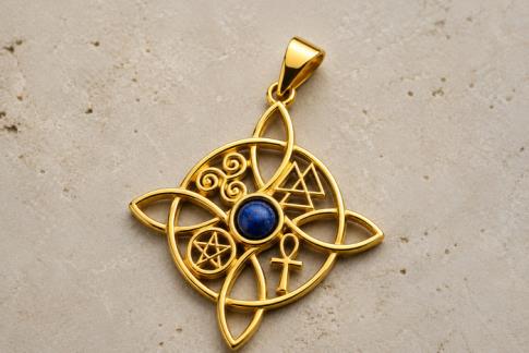 COMODIN | COLGANTE ACERO DORADO NUDO DE BRUJAS CON CUADRUPLE SIMBOLOGIA 3 X 2,7 CM.