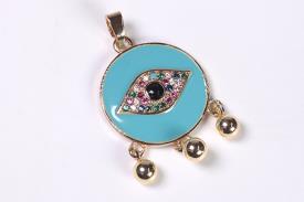 Novedades | COLGANTE ACERO DORADO OJO EN FONDO TURQUESA CON BRILLANTITOS DE COLORES