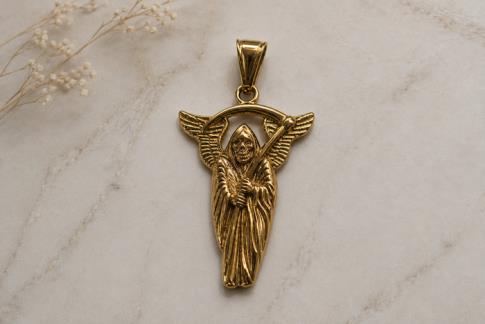 COMODIN | COLGANTE ACERO DORADO SANTA MUERTE 4 X 3 CM.