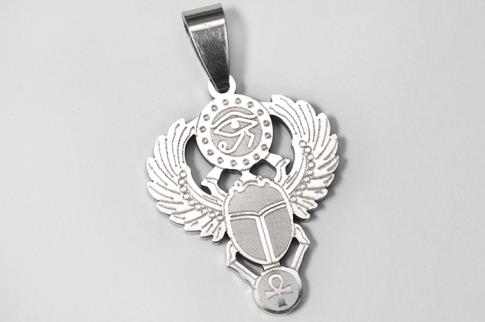 AMULETOS Y TALISMANES | COLGANTE ACERO ESCARABAJO EGIPCIO ALADO CON OJO DE HORUS Y ANKH
