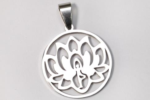 AMULETOS Y TALISMANES | COLGANTE ACERO FLOR DE LOTO Y FIGURA YOGUICA CON MARCO CIRCULAR