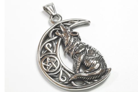 AMULETOS Y TALISMANES | COLGANTE ACERO LOBO AULLANDO SOBRE LUNA CON PENTACULO ENTRELAZADO